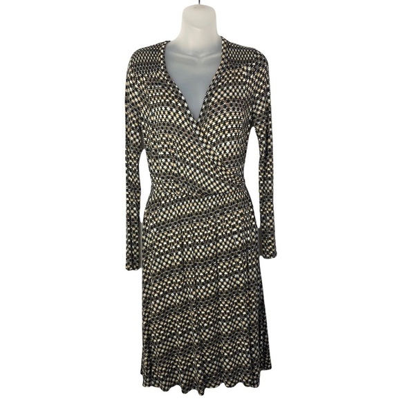 Plenty by Tracy Reese Tan & Black Printed Faux Wrap Long Sleeve Dress S - Picture 1 of 8